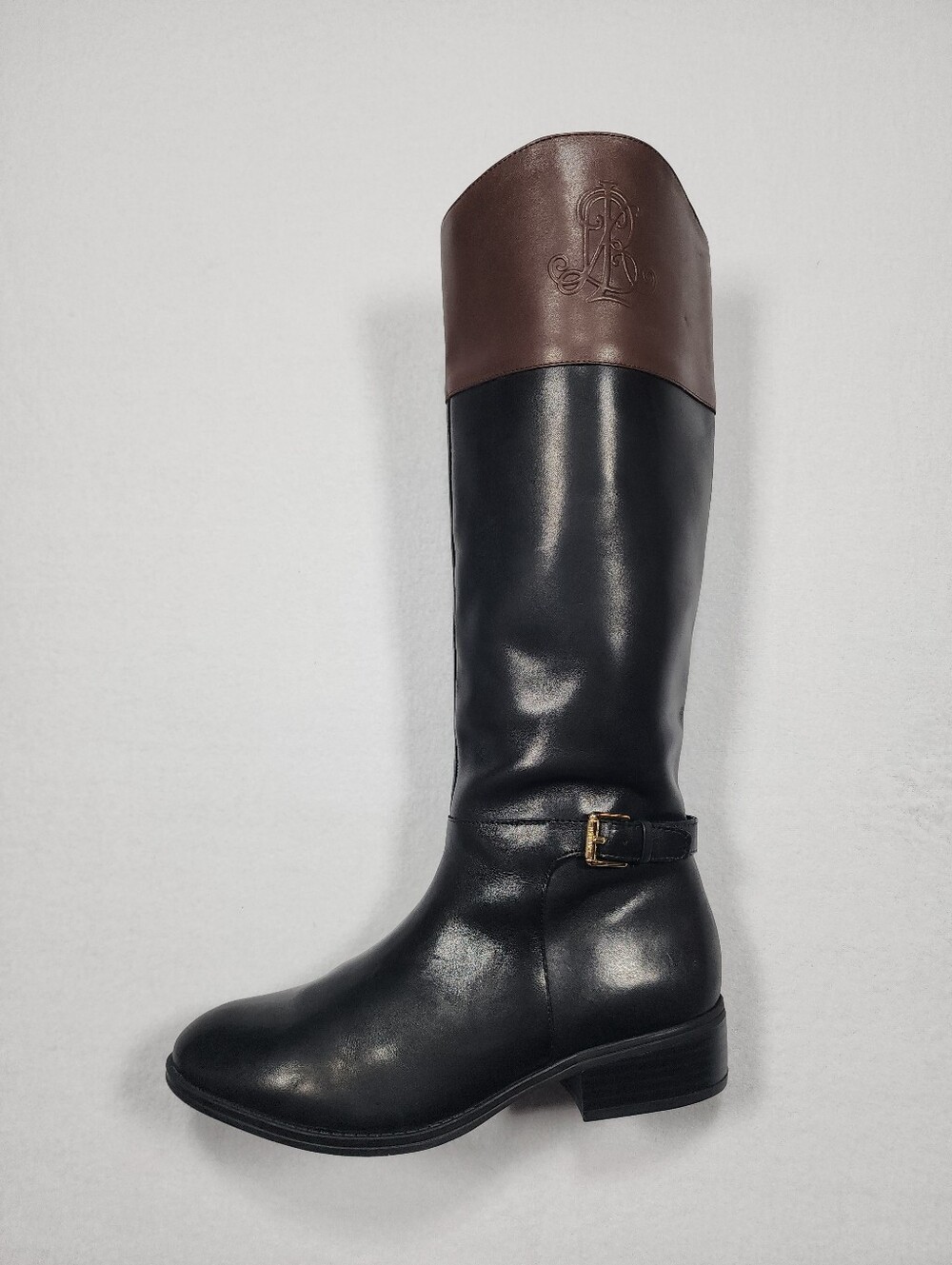 Lauren Ralph Lauren Black and Brown Leather Knee-High Riding Boots - Picture 2 of 16